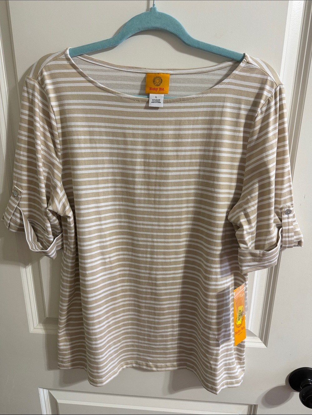 Ruby Rd. Beige & White Striped Roll-Tab Sleeve Top